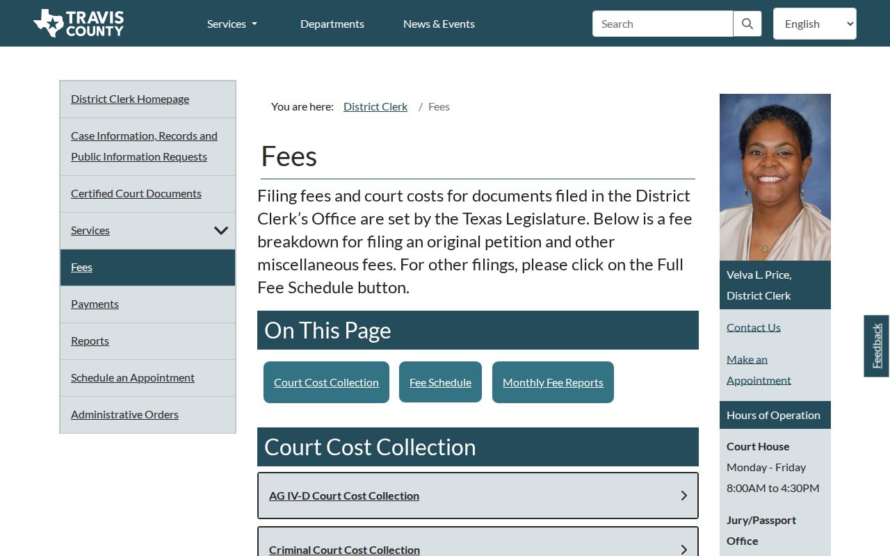 Texas court record search and certified-copy fee schedule example