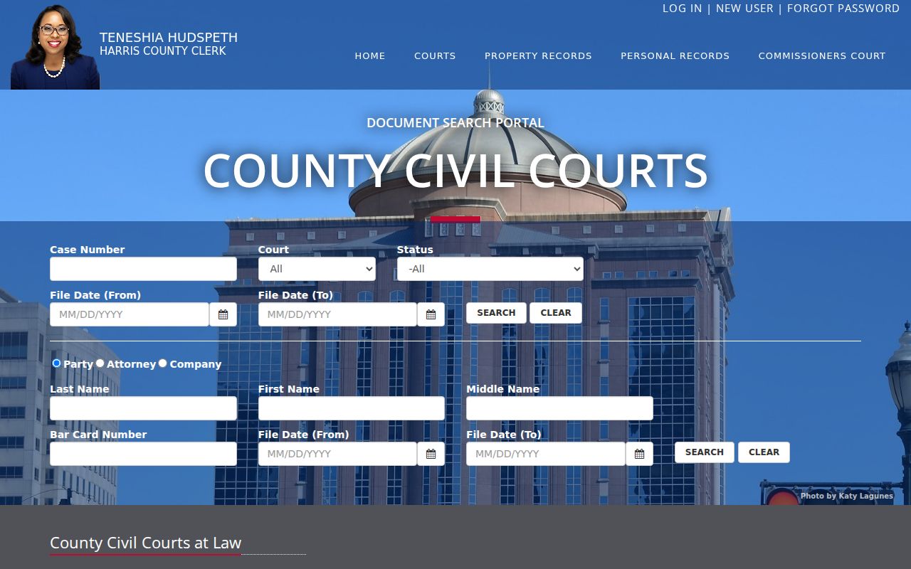 Texas county civil case search form with case number, court, status, and party filters