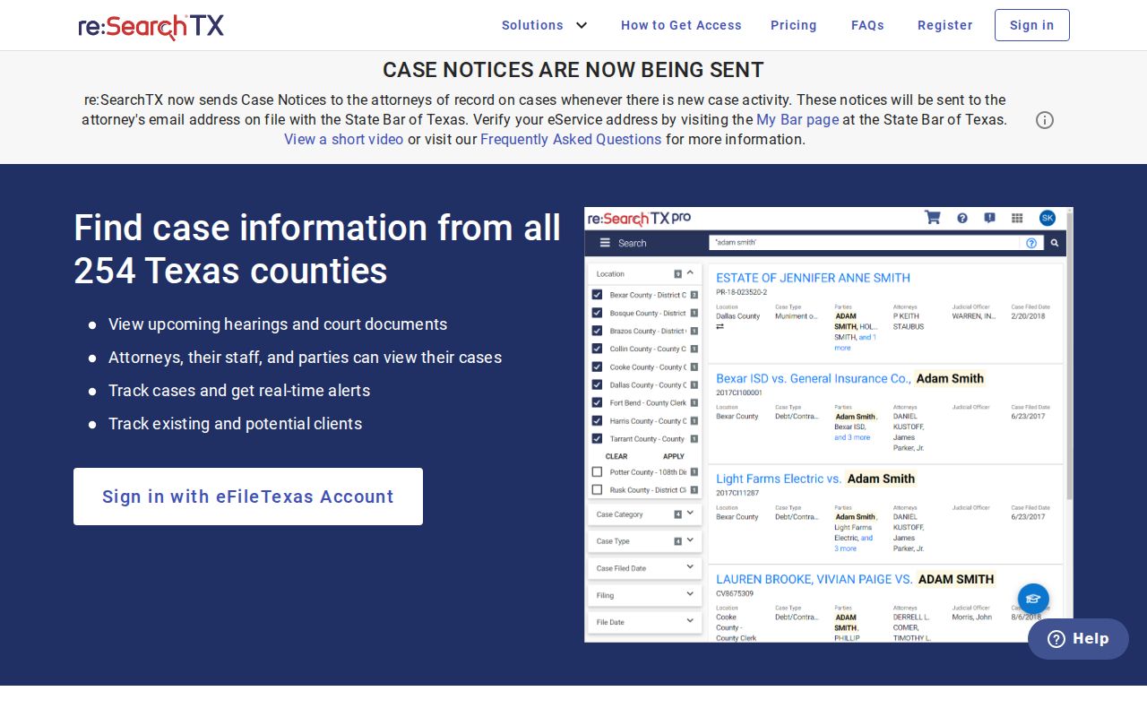 Texas re:SearchTX statewide court case and docket search interface
