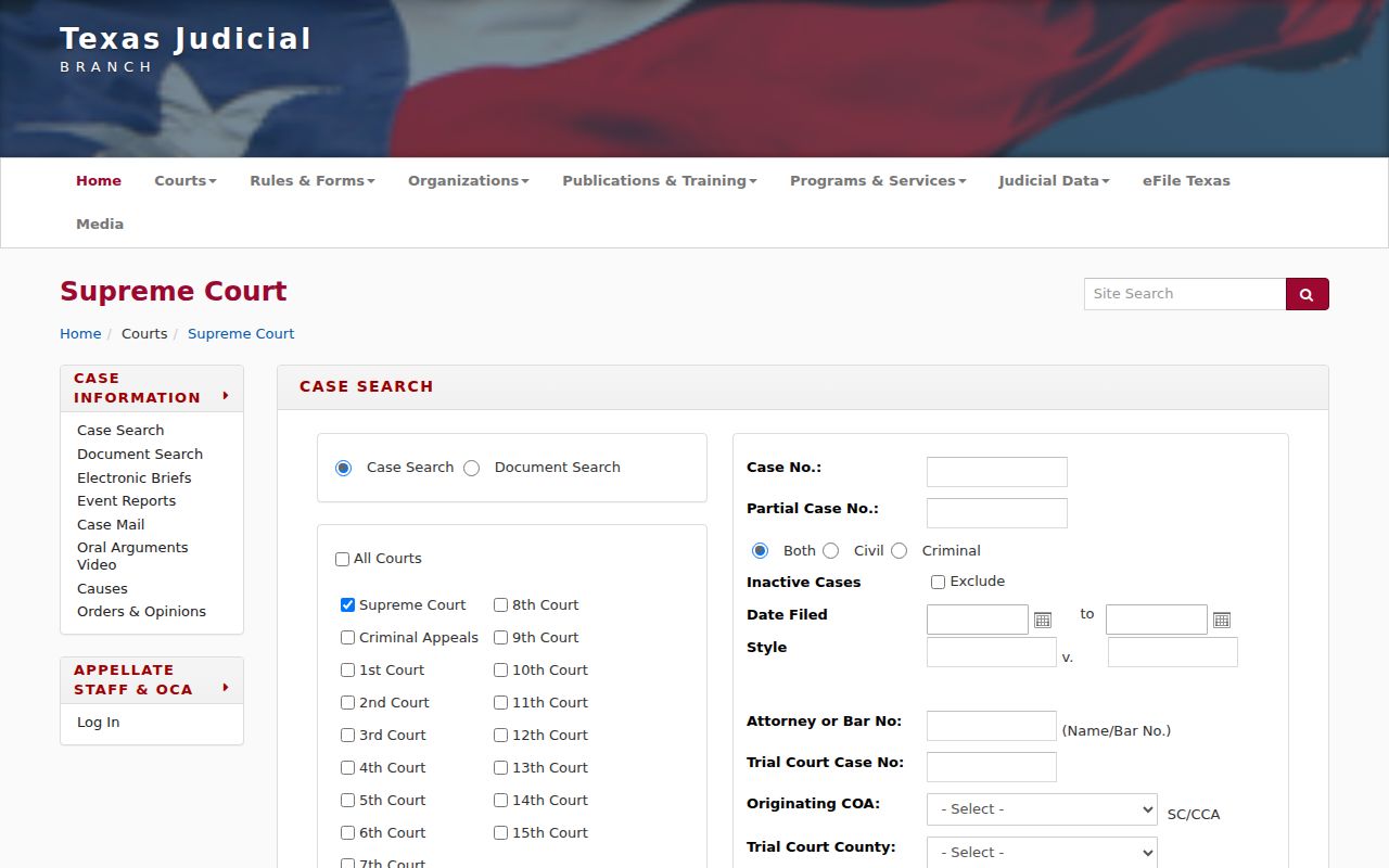 Texas appellate case search screen with TAMES court and case filters