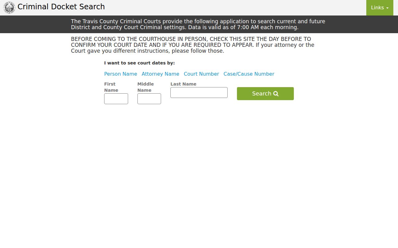 Texas criminal court docket search interface with calendar criteria