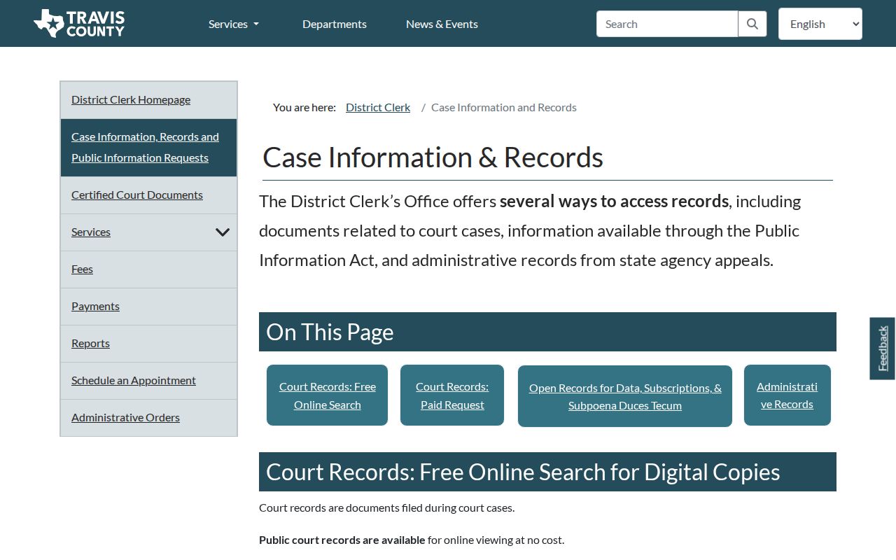 Texas court docket access through a District Clerk case information page